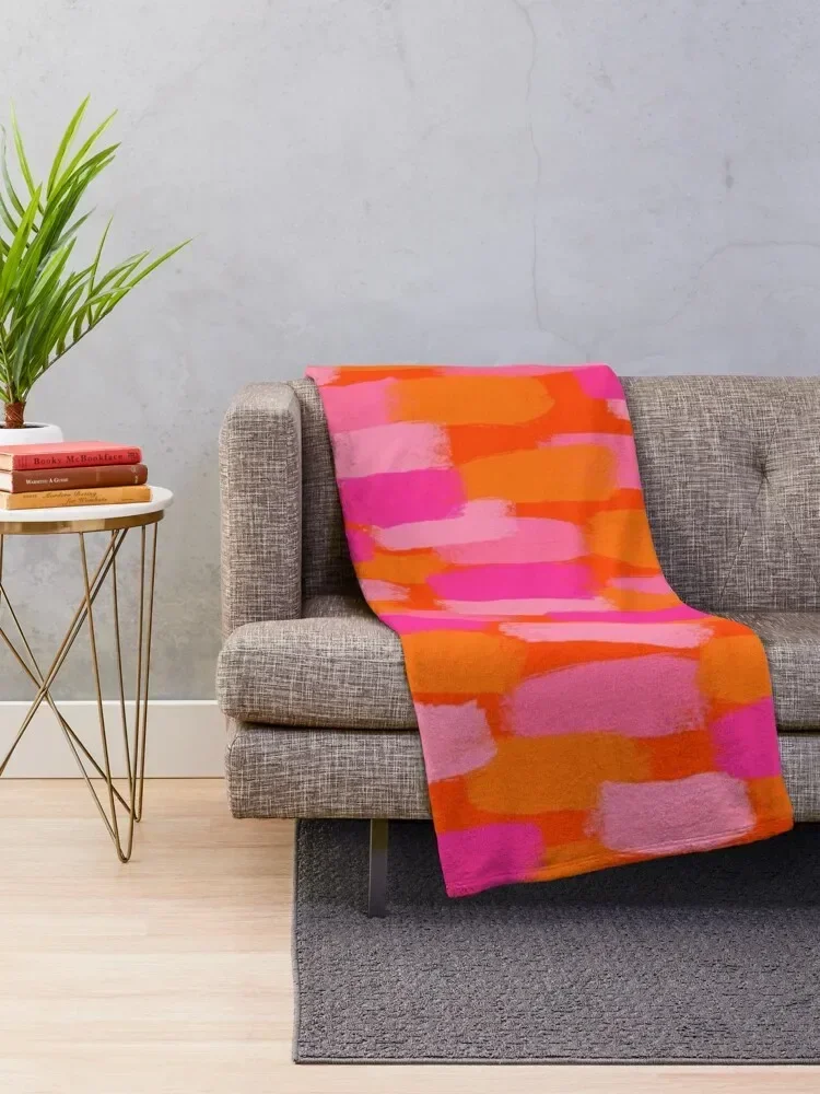 Abstract, Pink and Orange, Paint Brush Effect Throw Blanket Camping Fashion Sofas Blankets