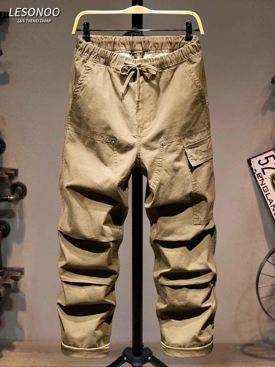 

2025 New Fashion Casual Pants Men's Loose Elastic Waist Long Trousers Straight Leg Workwear Style Boys' Wide Leg Pants