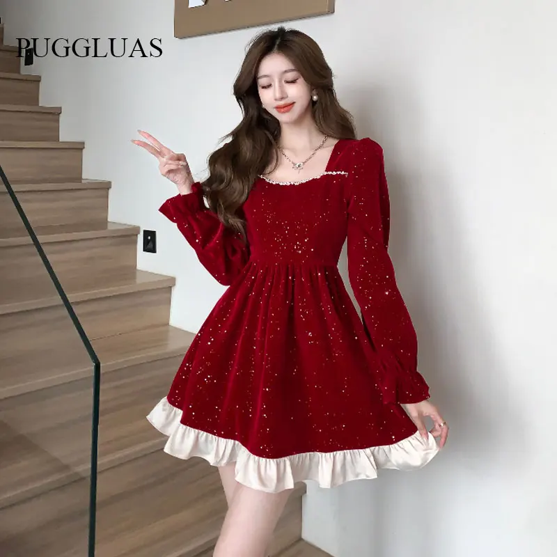 Autumn Vintage Party Dot Dresses Women Korea Elegant Chic Princess Square Collar Long Sleeve Retro Christmas New Year Mini Dress