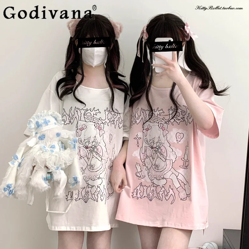 Subculture Y2K Anime Print Loose T-Shirt Summer Sweet Cool Kawaii Casual Short Sleeve Top Japanese Style Daily Basic T-Shirt