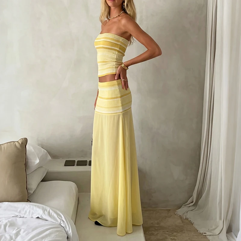 Fashion Striped Print Long Skirt Set Sexy Strapless Sleeveless Tank Top & Skirt Outfits Women Elegant Hight Waist Slim 2Pc Suits