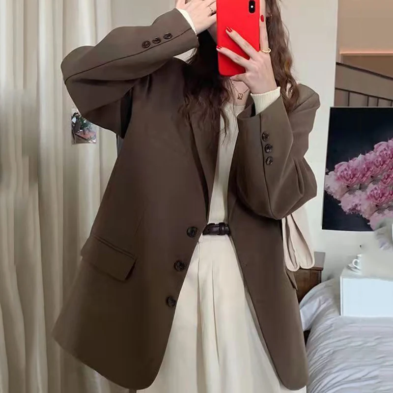 Biyaby Korean Loose Coffe Blazers Jacket Women 2022 Autumn Single Breasted Suit Jacket Woman All-Match Long Sleeve Coats Female