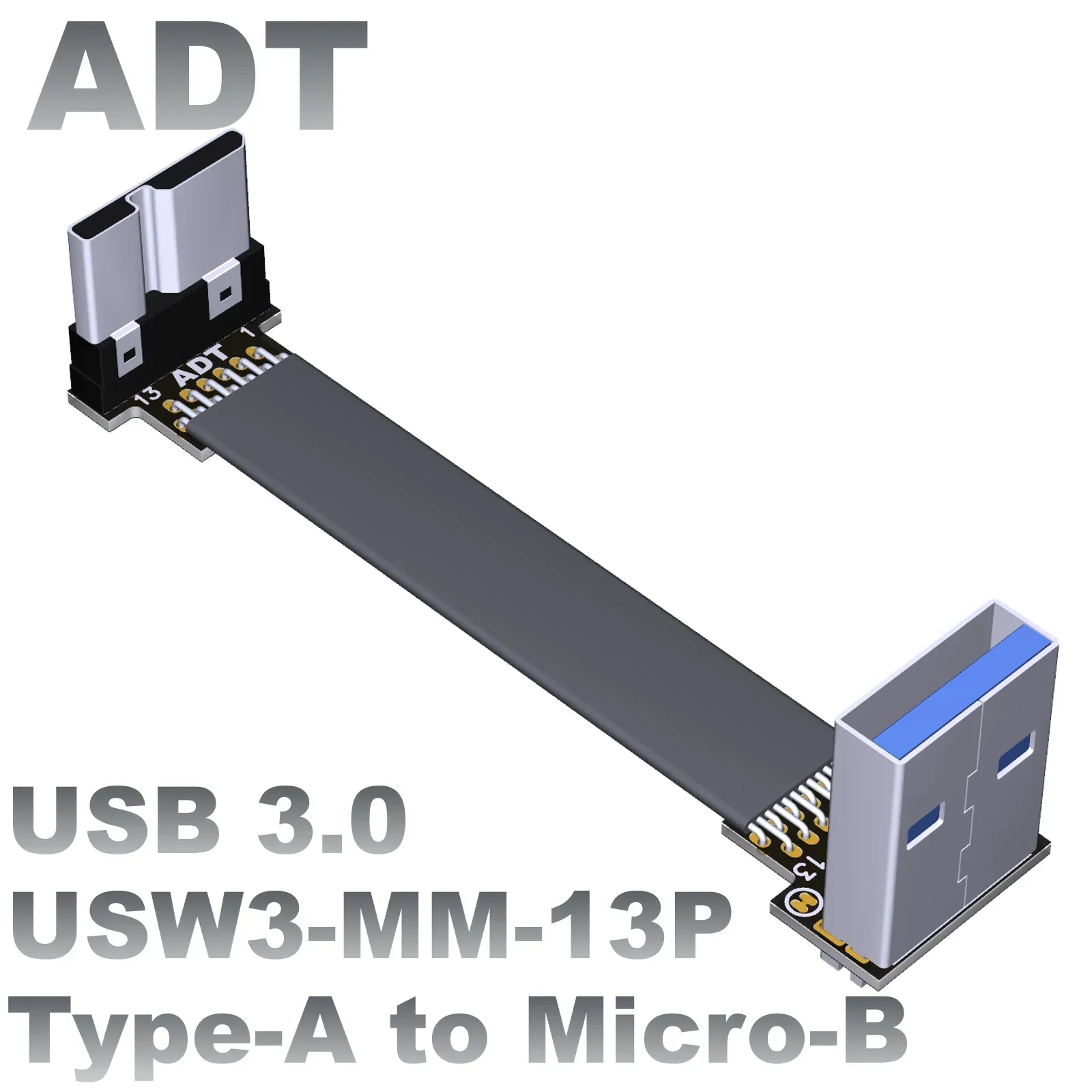 

ADT USB 3.0 standard 5G/bps high-speed flat thin cable USB-A to micro-B Built-in USB device extension cable Double bend