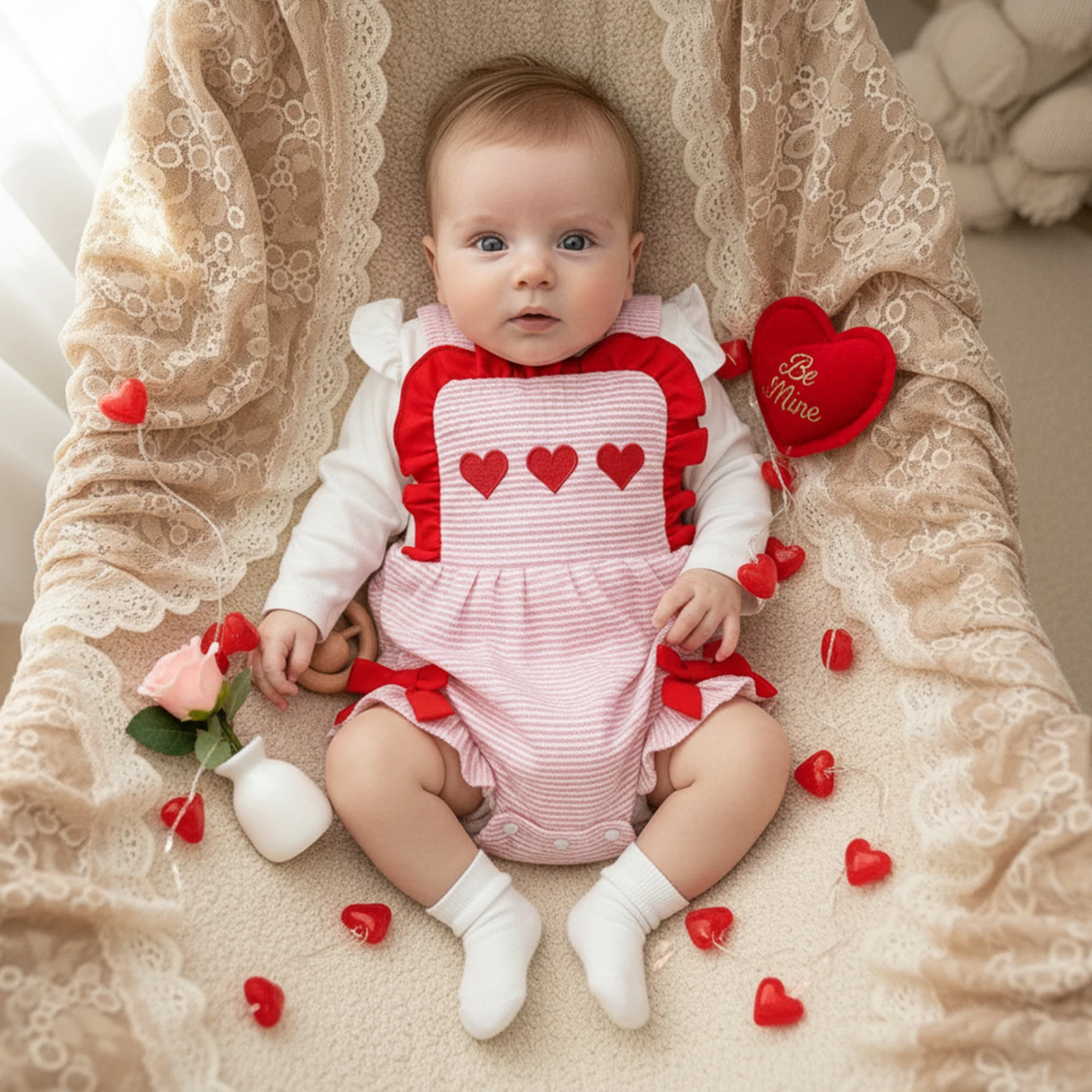 Newborn Baby Girl Valentine's Day Romper Loose Fit Heart Decorative Bows Striped Ruffled Trim Sleeveless Square Neck Jumpsuit