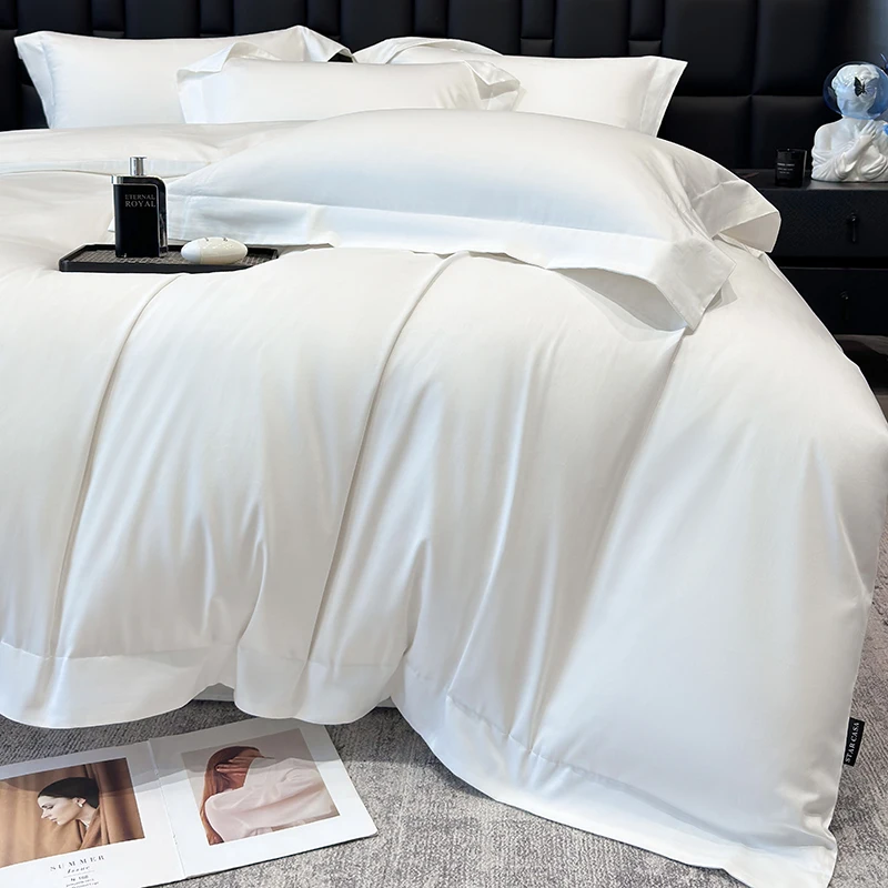 

White Hotel Style Bedding Set Queen King Size Solid Color 100% Cotton Duvet Cover Sets Fitted Bed Sheet Pillowcases Home Textile
