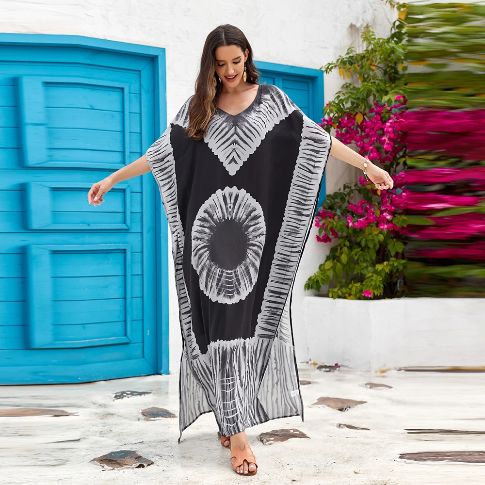 Plus Size Boho Cover Up, damska Plus wydruk graficzny rękaw w kształcie skrzydła nietoperza luźna, z wycięciem sukienka Kaftan Cover Up