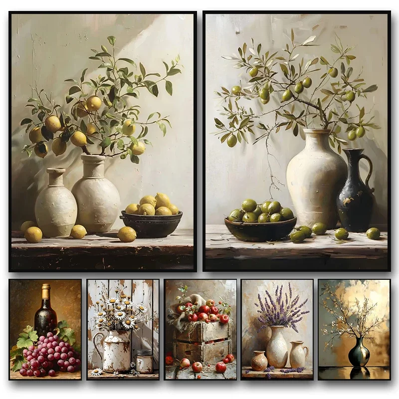 Póster de naturaleza muerta con estampado de plantas de olivo y limón en jarrón, arte de pared vintage, pintura de diamantes, decoración botánica antigua para el hogar y la habitación.