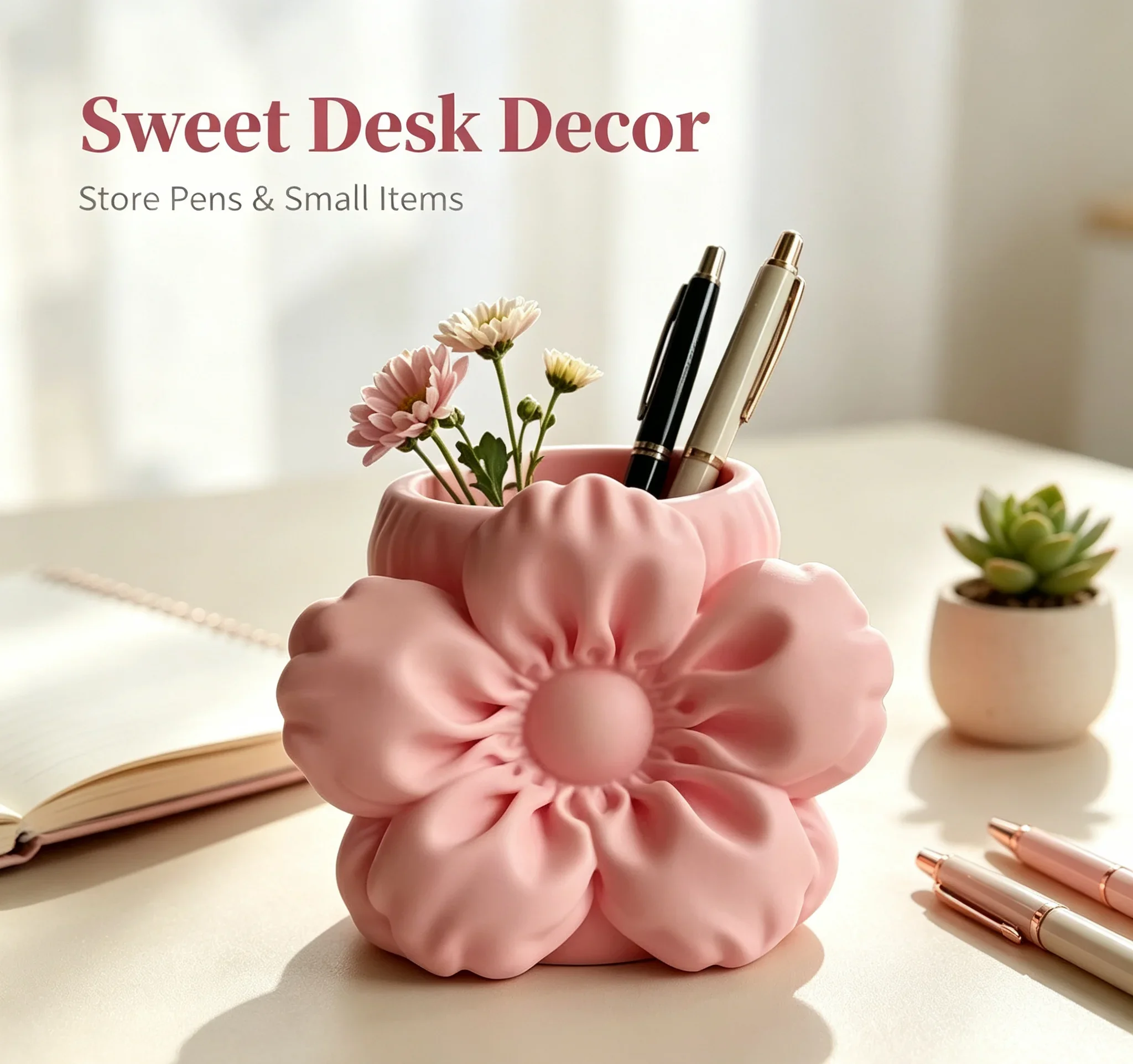 3D Printed Bow Pen Holder, Sweet Aesthetic Desktop Organizer for Pens & Makeup Brushes, Cute Home Table Decor Ornament