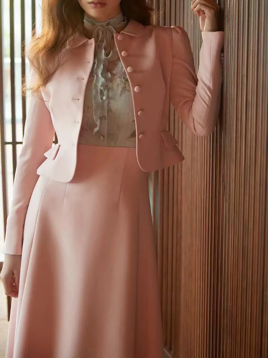 TWOTWINSTYL 여성용 우아한 투피스 세트, 라펠 긴 소매 스플라이스 버튼 코트, 하이웨이스트 롱 스커트 세트 여성 의류