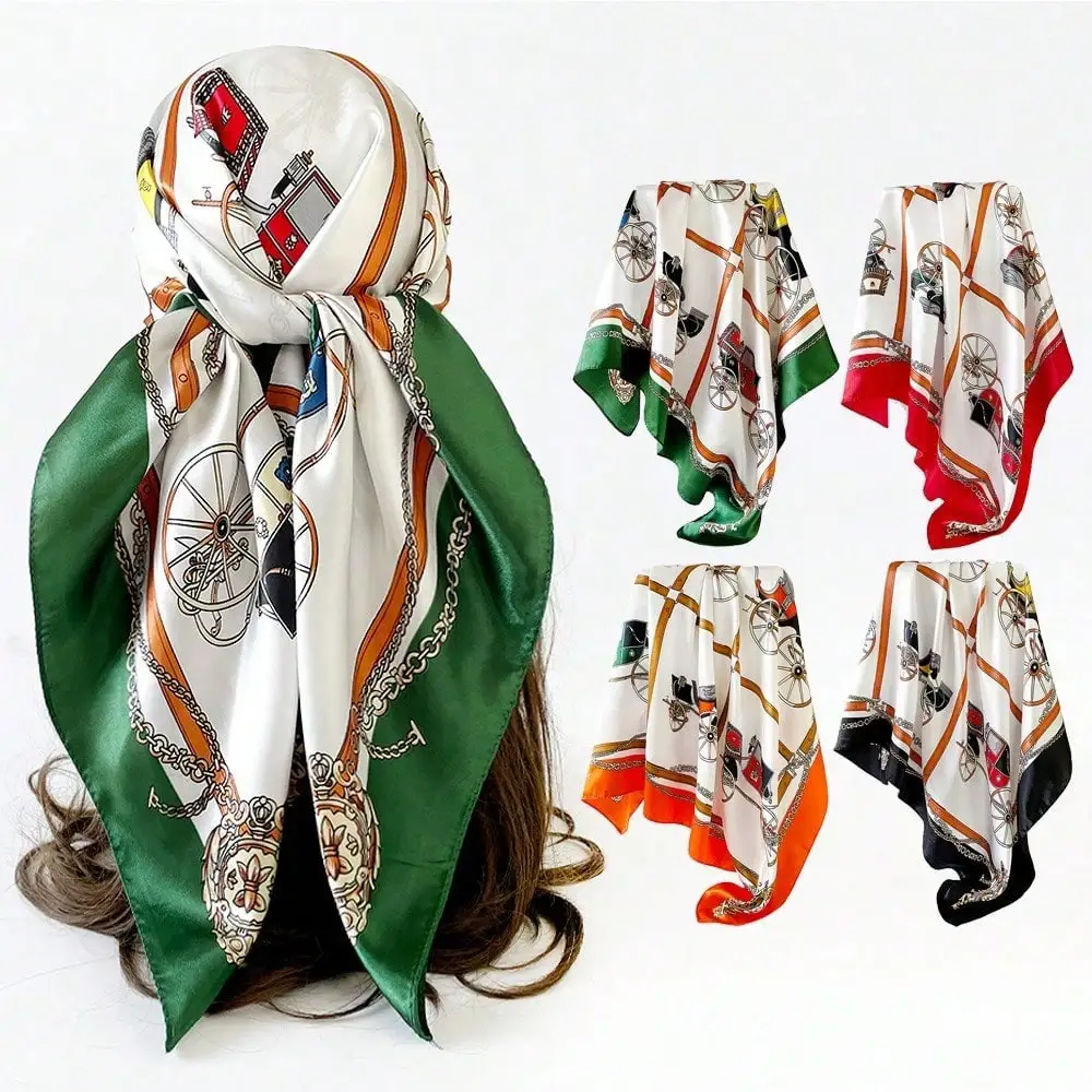 

90Cm * 90cm silk scarf headscarf, classic carriage printed silk scarf, printed square scarf, silk scarf, smooth fabric, headscarf, binding bag, decorative silk scarf and scarf for daily use