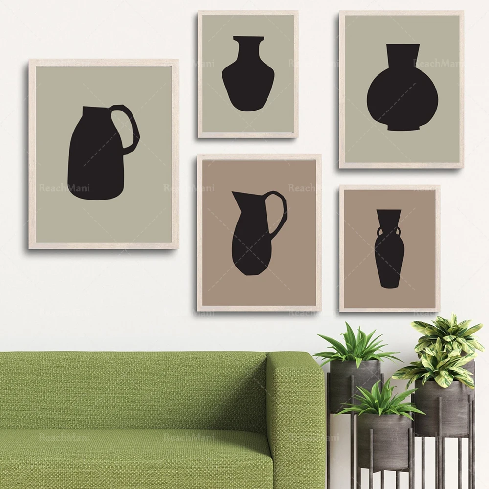 Japandi art boho print, black beige brown vase print, abstract flower pot print, mid century still life aesthetic wall poster