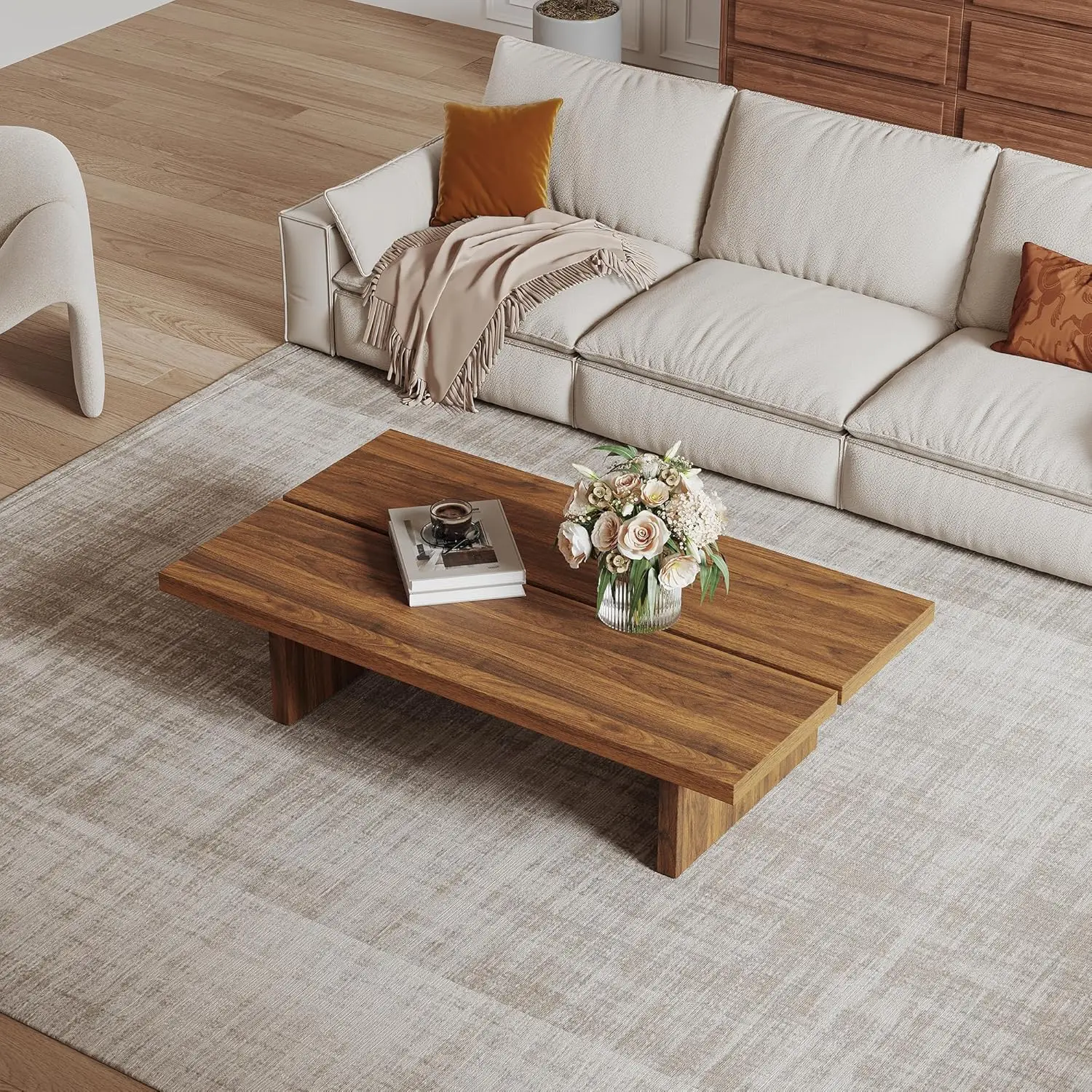 Modern Rectangle Coffee Table, Wood Living Room Table, Walnut Brown Japanese Tea Table For Home Office Apartment, 4