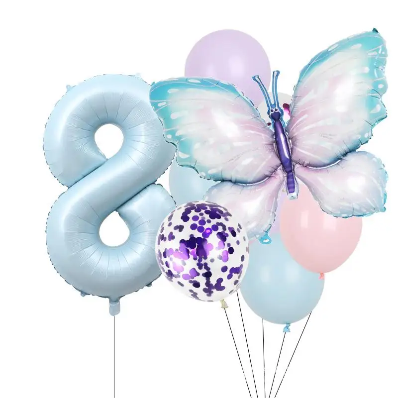 Butterfly Birthday Party Balloons, Blue Age, Number 1, 2, 3, 4, 5, 6, Kids, 1 Years Old, Anniversary Supplies, 10Pcs