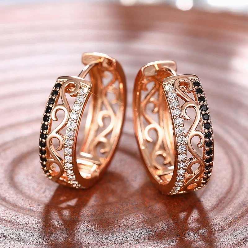 Huitan White/Black CZ Rose Gold Color Hoop Earrings for Women Hollow Out Pattern Aesthetic Female Earrings Wedding Trend Jewelry