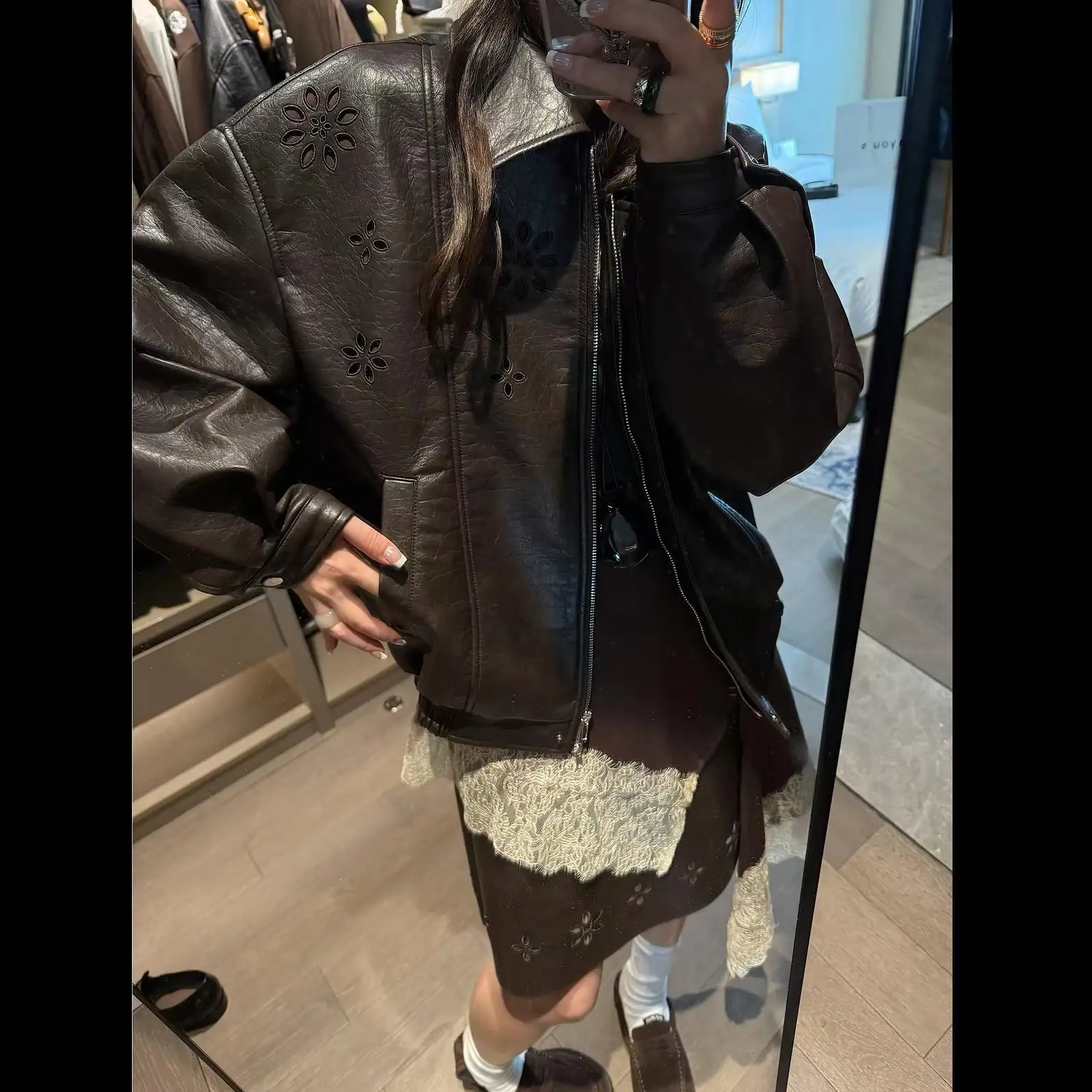 Women Retro Brown PU Leather Jacket Hollow Floral Cutout Embroidery Lapel Zip Up Loose Short Coat Fall Winter Outerwear