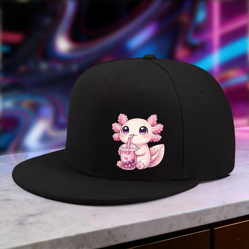 1pc Pink Axolotl Boba Tea Print Adjustable Hip-Hop Cap, Unisex Outdoor Sports Style, Ideal Gift for Weddings, Parties, Birthdays