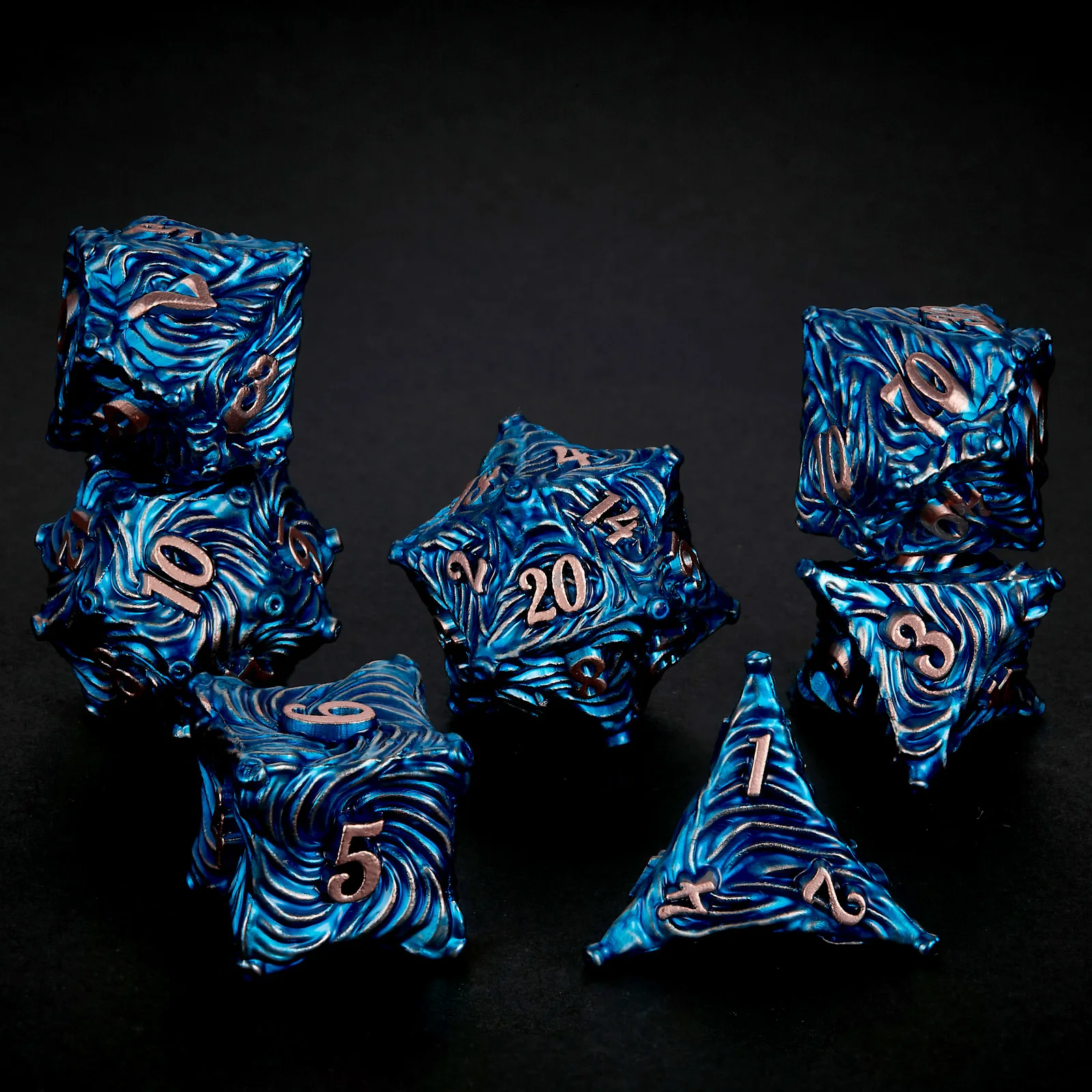 DnD Metal Dice Set - 7 Piece Zinc Alloy Polyhedral Dice, Handcrafted Deep Blue Swirl Pattern for D&D, RPG, Tabletop Games with C