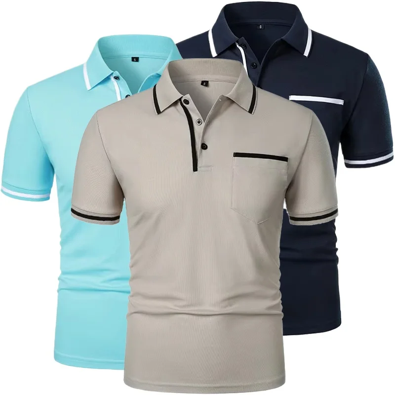 

Summer Men's Short Sleeve Breathable T Shirts Solid Color Lightweight Polo Shirt Trendy Loose Basic Splice Top with Pockets
