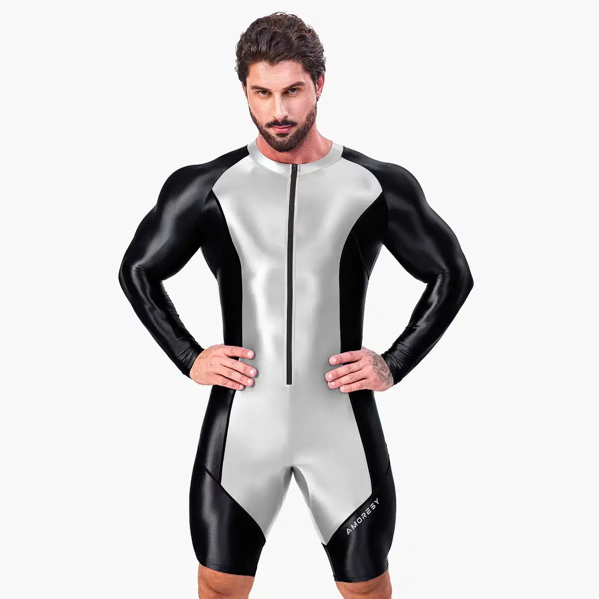 HYRAX-Long Sleeved Jumpsuit for Men Tight Fitting Sportswear with Front Zipper Part Gymnastics and Swimming