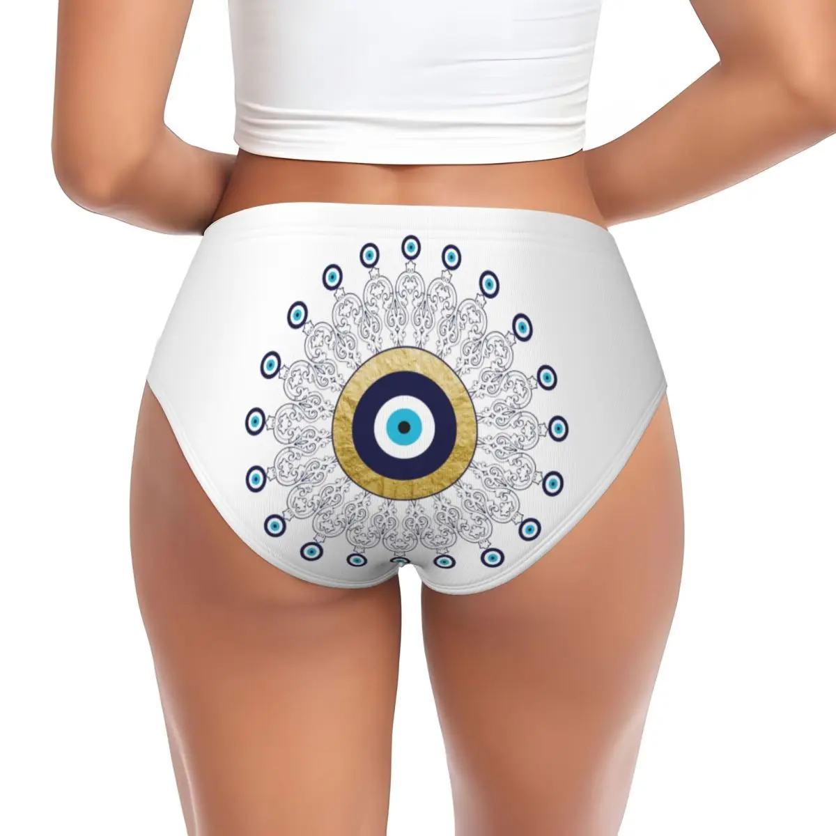 Mulheres Mal Olho Mandala Roupa Interior, Calcinha Breve Feminina, Respirável, Amuleto da Sorte, Personalizado, Dourado e Azul, Cuecas