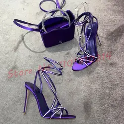 Purple Crystal Cross Heeled Sandals Women New In Luxury Shiny Leather High Heels Shoes Summer Lace-up Ladies Design 2023 Sandals