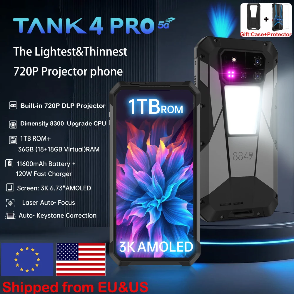 8849 Tank 4 Pro Unihertz 5G Прочный проектор Смартфон 36G 1 ТБ Android 14 Спортивный телефон 11600 мАч Размер 8300 AMOLED 120 Гц