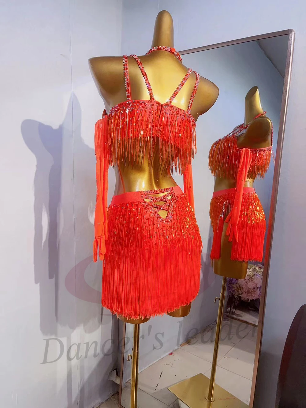 라틴 댄스 의상 AB 스톤 여성 성인 어린이 고급 맞춤형 오렌지 비즈 튜브 태슬 삼바 공연 드레스