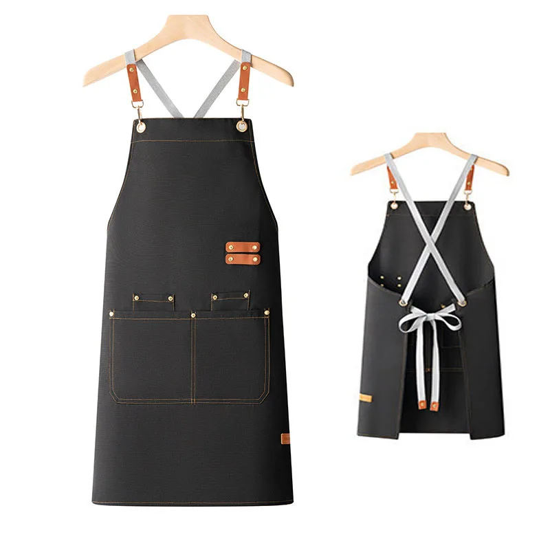 Unisex Cross‑Strap Canvas Apron Waiterproof Oil‑Proof Work Apron with Large Pockets Cooking Aprons for Cafe Restaurant Kitchen
