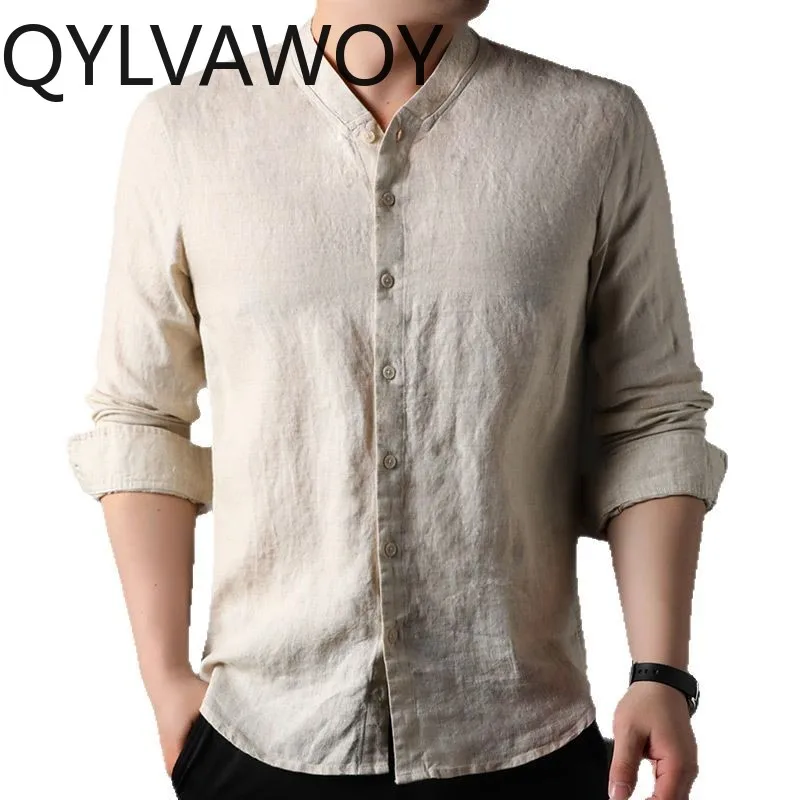 

QYLVAWOY New Spring Summer Men's Shirts Flax Shirts Long Sleeves Loose Tops Shirts for Man Camisas Masculina Thin Breathable