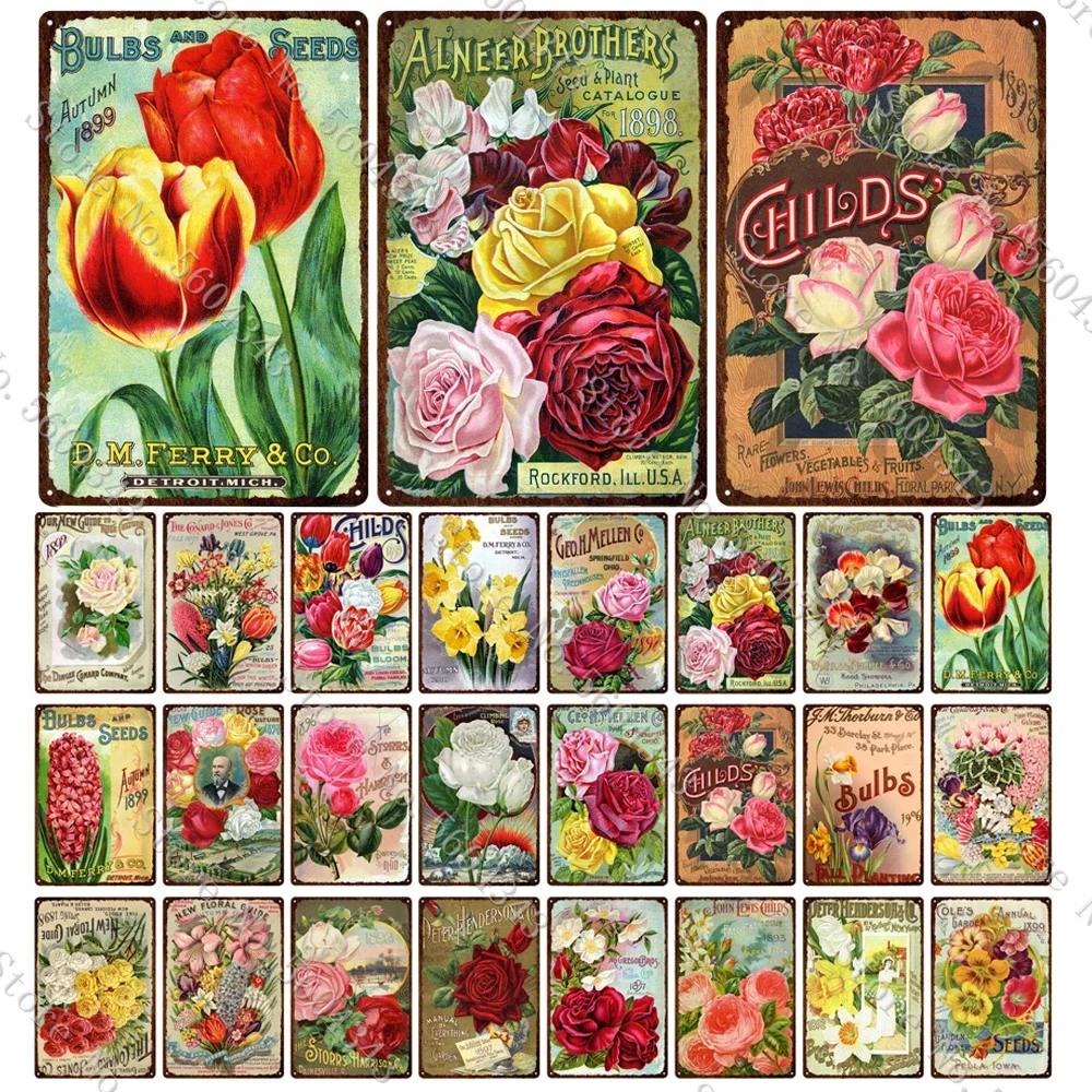 Vintage Flowers Seed Catalogue Covers Tin Sign Daffodils Tulips Bulb Flower Retro Metal Plates Garden Home Decoration Wall Craft