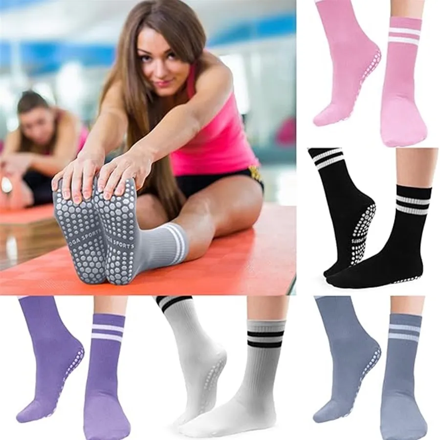 

5 Pairs Mid Length Women's Anti Slip Socks, Double Striped Prati Yoga Socks, Fitness Anti Slip Socks, Ballet Socks, Sports Socks