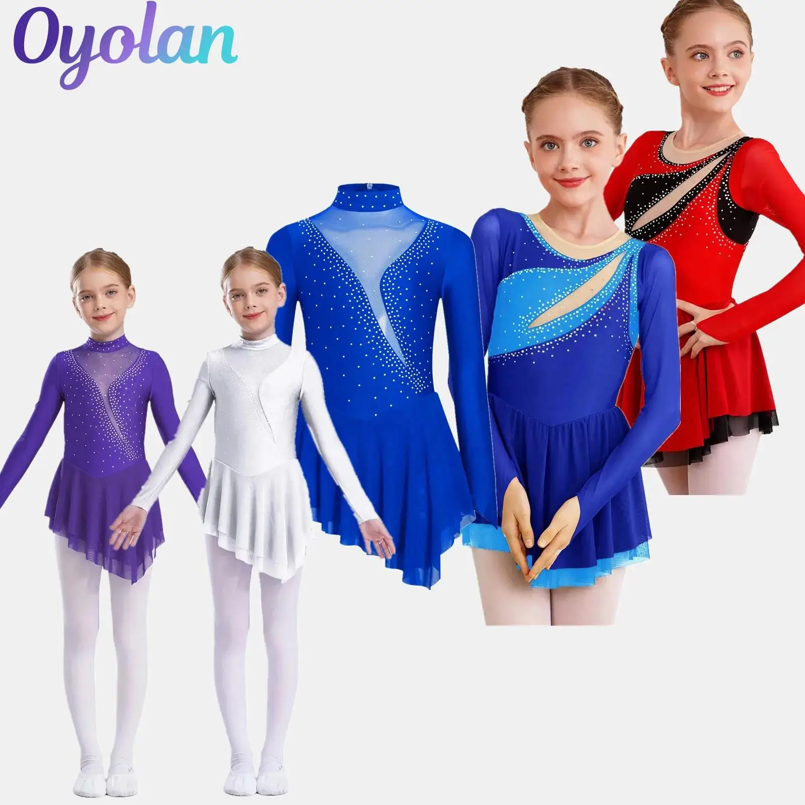 

Kids Girls Gymnastics Leotards Figure Skating Performance Costume Sheer Mesh Glittery Rhinestones Ballet Lyrical Dance Dresses