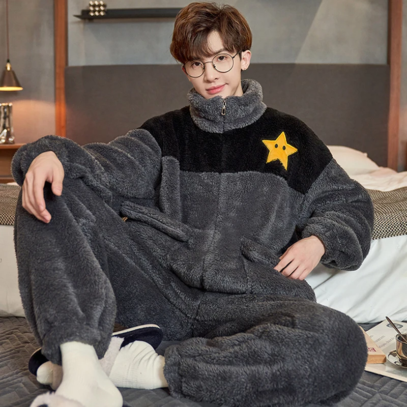 

DAIMELU long sleeved pajamas men's winter coral fleece warm male sleepwear set gray flannel loungewear youth suit plus size boy