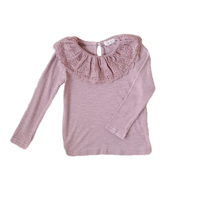 Baby Clothes Spring Girls Long Sleeve T-shirts Lace Lotus Collar Princess Kids Ribbed Bottoming Shirt Toddler Cotton Tops