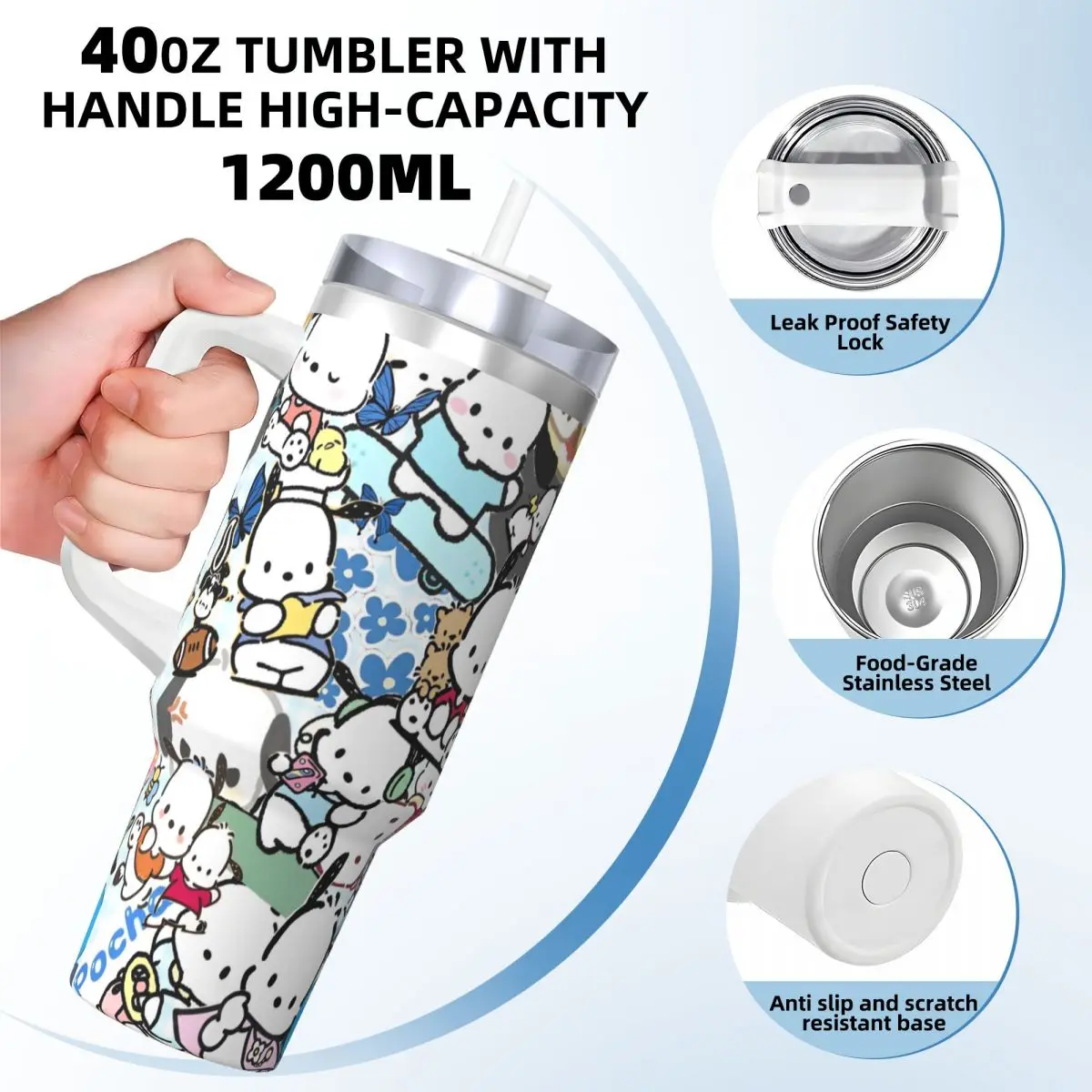 Pochacco Cartoon Dog Cute Tumbler Cold Drink Water Bottle Portable Stainless Steel Thermal Mug Custom DIY Driving Car Mugs