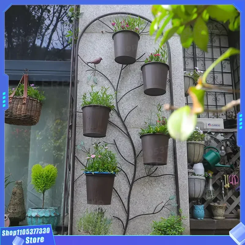 Retro Wrought Iron Wall Hanging Flower Stand 5 Piece Set with Bucket Arched Window Branch and Storage Basket for Home Decor