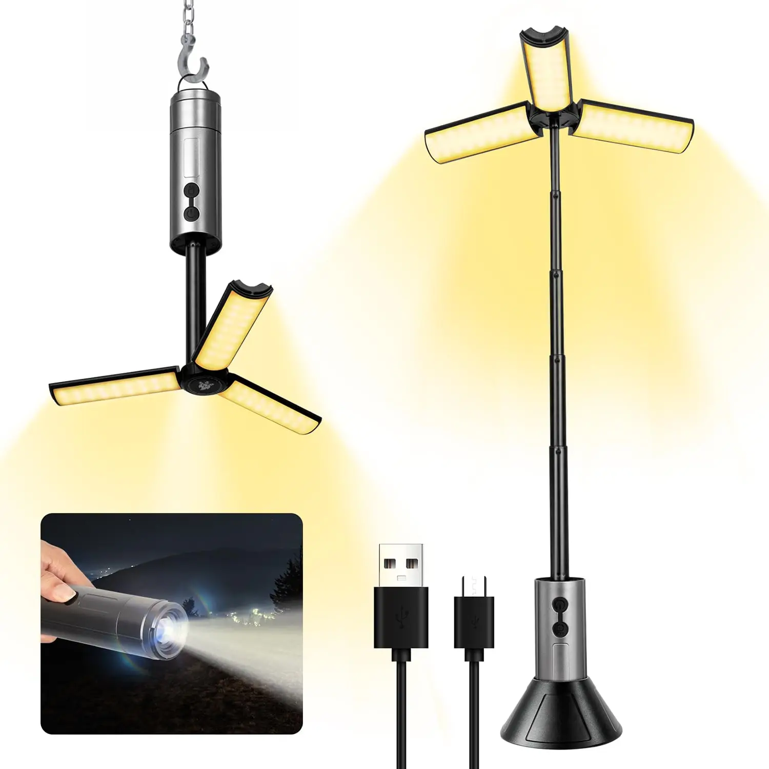 

Светодиодный светильник для кемпинга, яркий фонарик, перезаряжаемый через USB зум с крючком, уличная аварийная лампа для кемпинга, подставка, основание