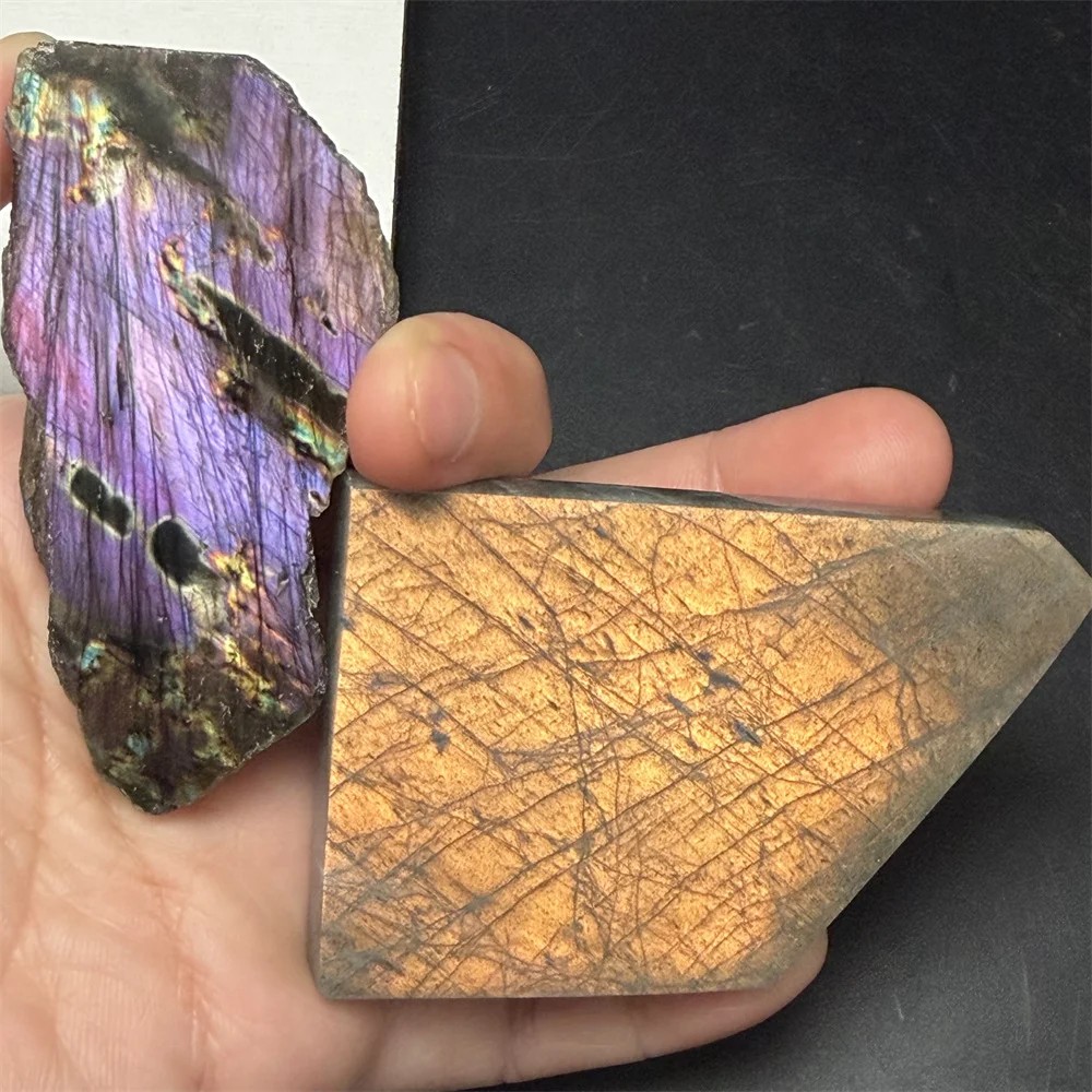 2PCS Natural Yellow Green Pink Light Labradorite Mineral Specimens Sliced Purple Orange Light Labrador Stones Ornaments Colorful