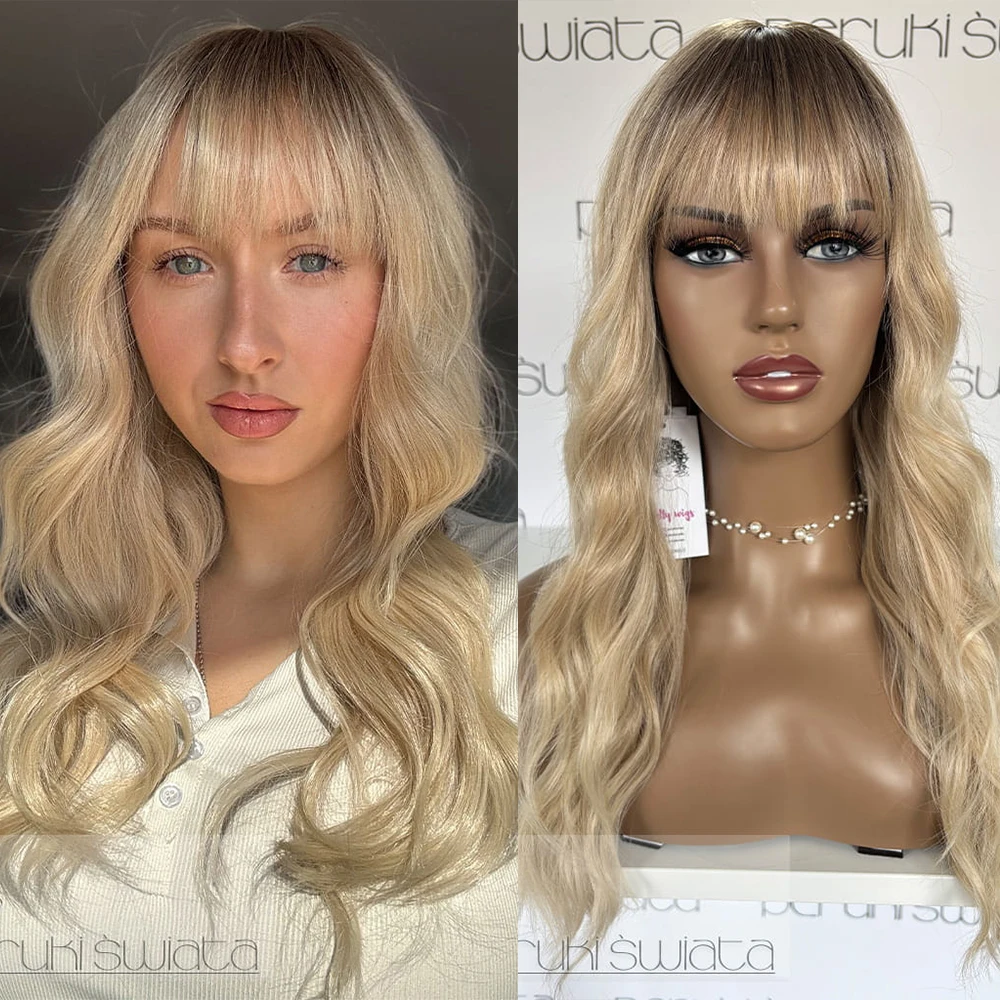 

Парик с длинными волнистыми волосами золотисто-русого цвета с челкой, синтетический, с кружевной линией, термостойкий, для женщин