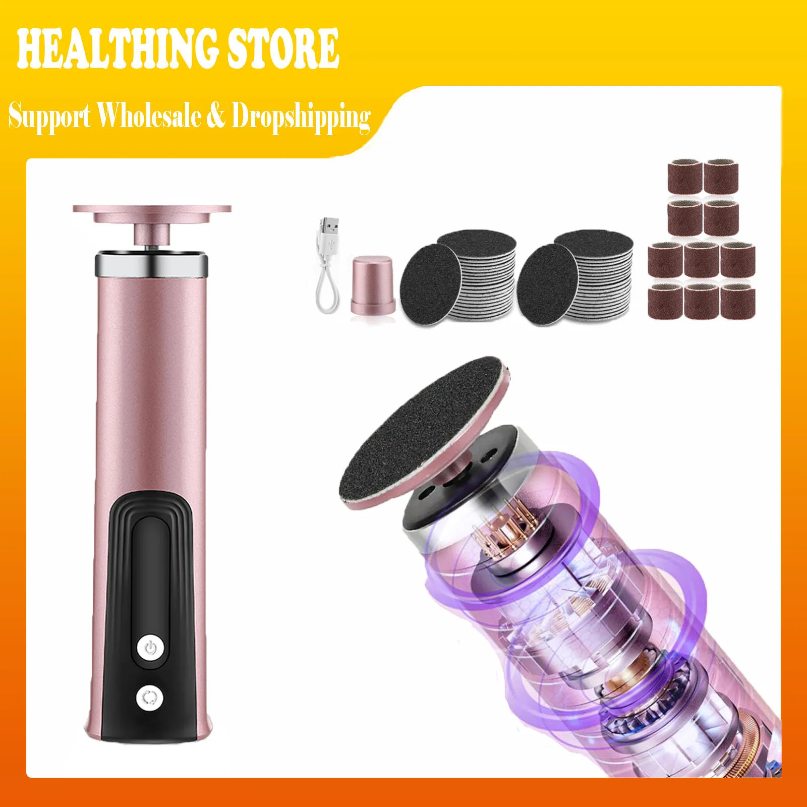 전동 발 각질 제거기 & 네일 광택기 2-in-1 페디큐어 도구 6단계 속도 조절 듀얼 그라인딩 헤드 부드러운 발뒤꿈치 각질 제거