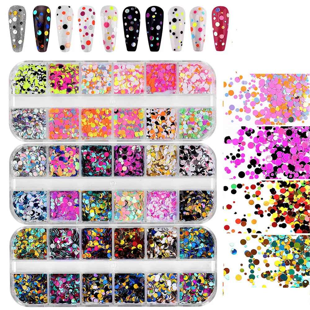 12 Colors Circle Shape Nail Sequin 3D Holographic Round Nail Art Glitter Flakes 12grids Iridescent Mirror Slice Manicure Glitter