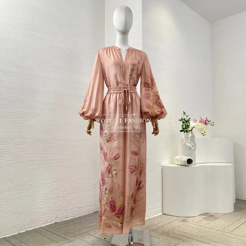

pink long sleeve lantern sleeve floral print blouse tops and pants set