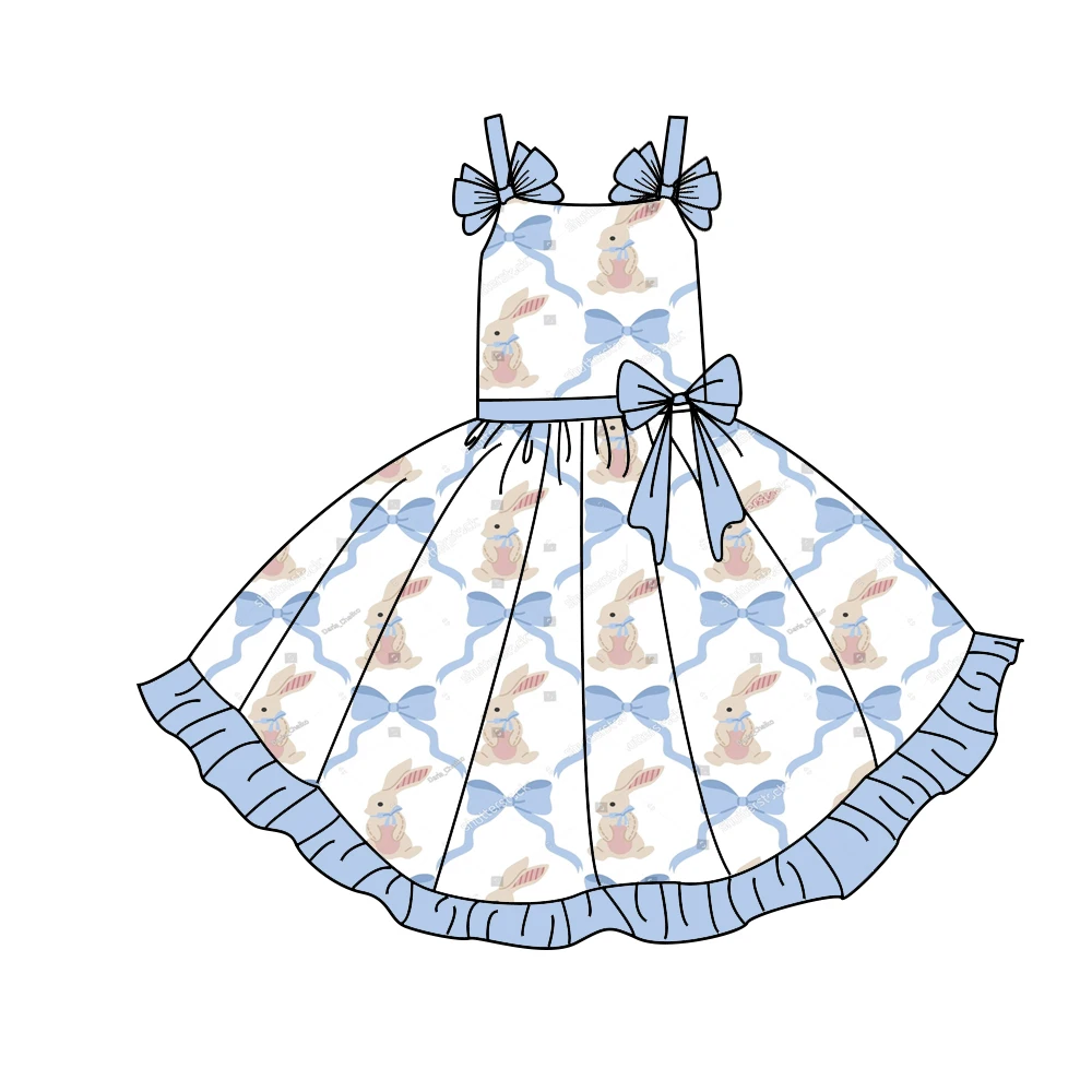 New Girls Dress Easter Bunny Flower Bow Print Suspender Bow Dress Girls Boutique Children's Clothing