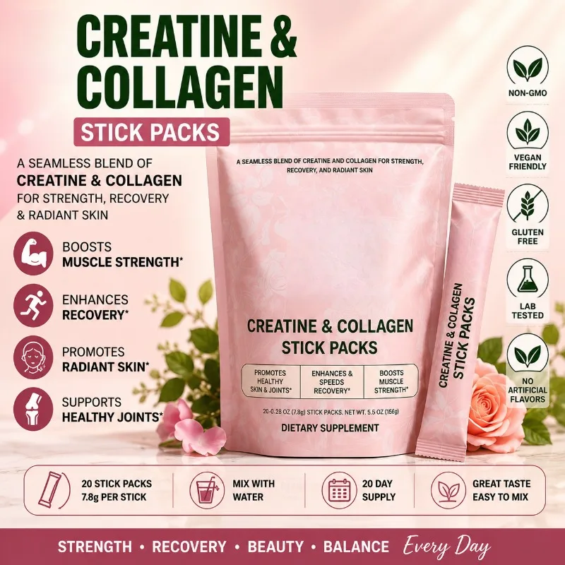 Creatine & Collagen Powder Stick Packs Supports Strength Recovery & Skin Health – Daily Nutrition Supplement  20Servings Per Bag