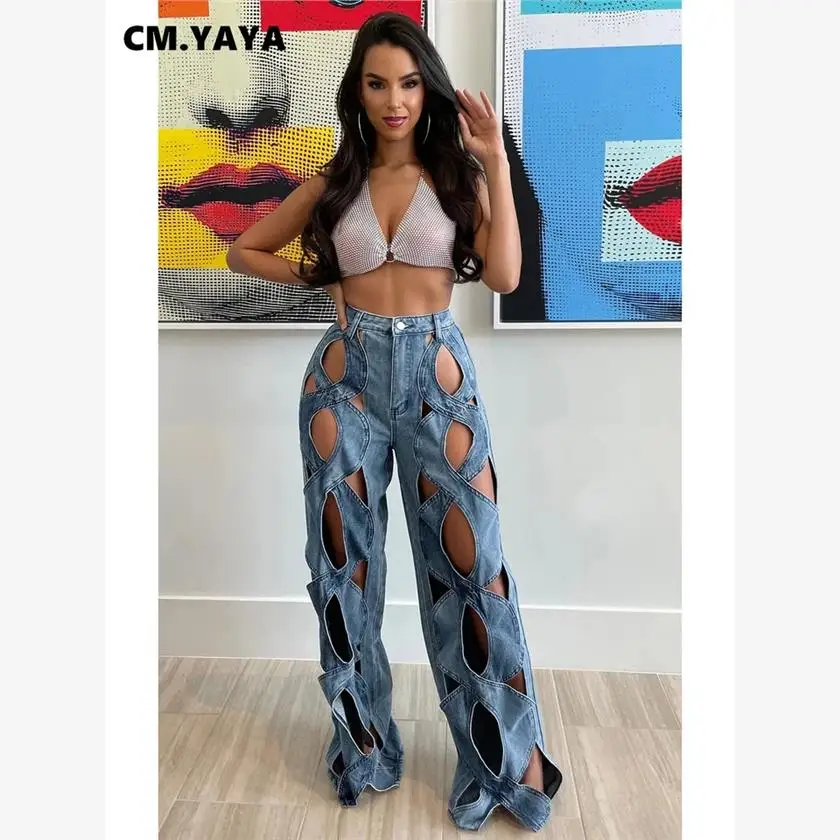 

Women's Vintage Hollow out High Waist Wide Leg Jeans Trousers Straight Cut Pants Durable Wear Resistant Long Trousers