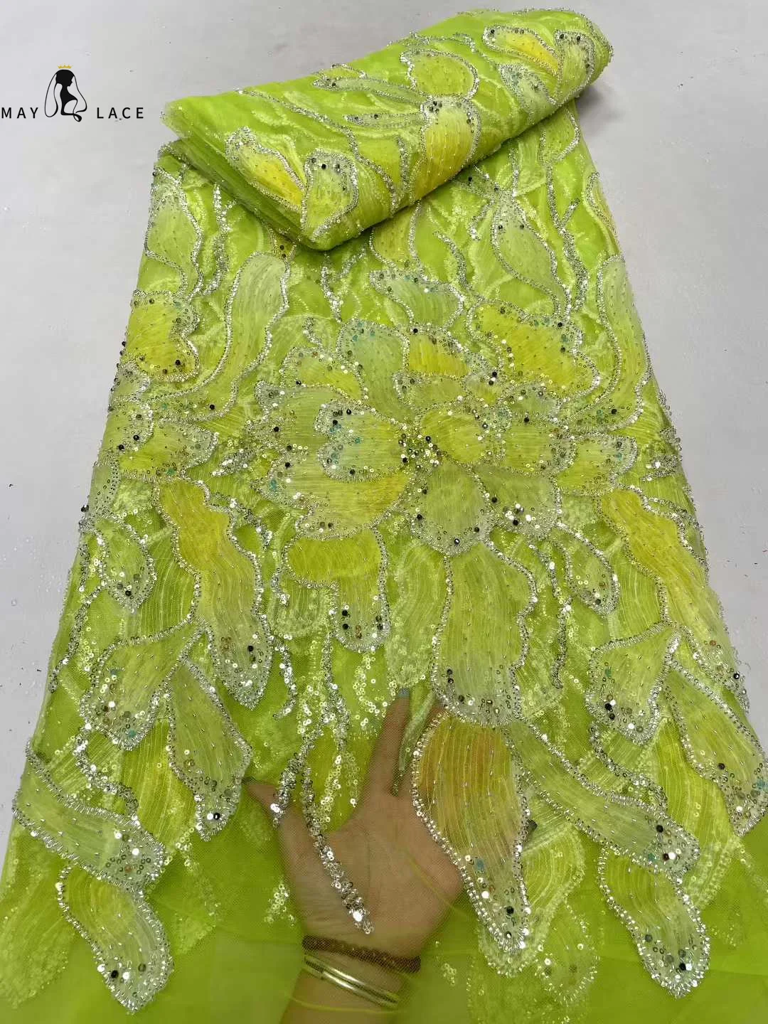 

Высококачественная блестящая тюлевая кружевная ткань с блестками и трубчатыми бусинами, вышивка блестками, 3D французское сетчатое кружево для шитья вечерних свадебных платьев