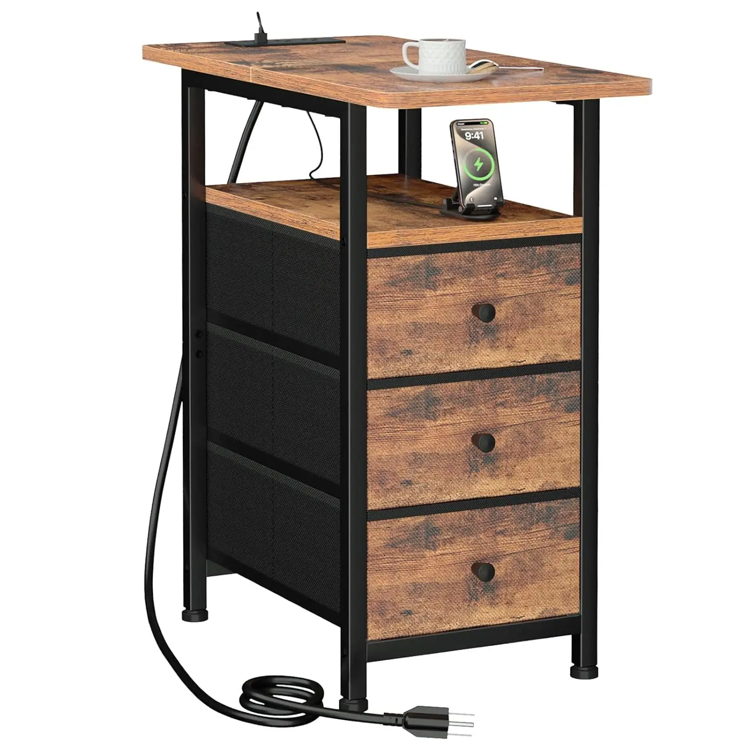 

Slim Side Table with Charging Station, 3 Fabric Drawers, USB Ports & Outlets for Living Room Bedroom Small Space Rustic Brown