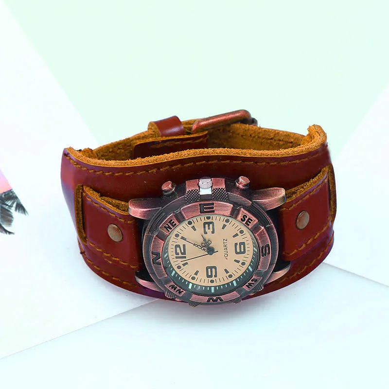 Jam tangan gelang pria wanita, jam tangan Punk Vintage kulit sapi Aloi kasual hadiah Punk Vintage Leahter Aloi