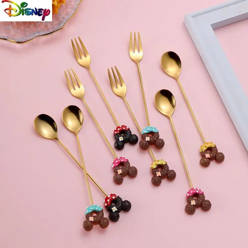 

Disney Fashion Luxury Stainless Steel Coffee Spoon Fruit Fork Children's Cartoon Mickey Creative Dessert Spoon Set