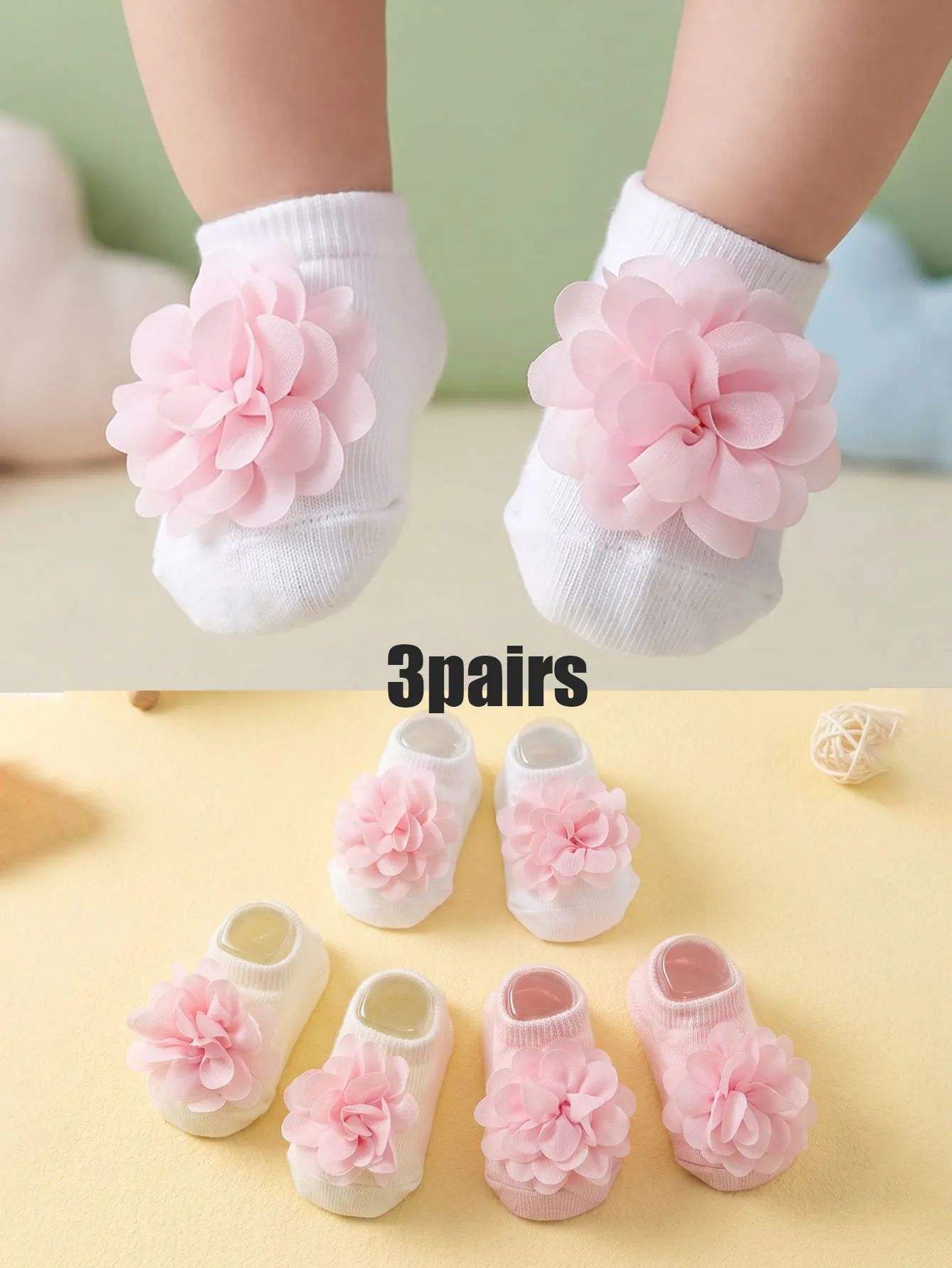 3Pairs Baby Low Cut Ankle Socks 0-12M, Cute Pink Floral Soft Seamless Socks, All Season Daily Socks for Newborn Infant